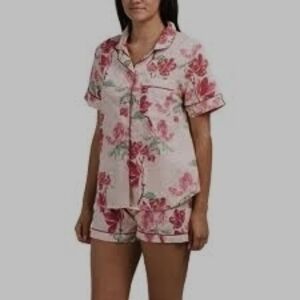 XL Flower Print Pajama Set, Botton Down Top And Elastic Belt Shorts, Women's Paj